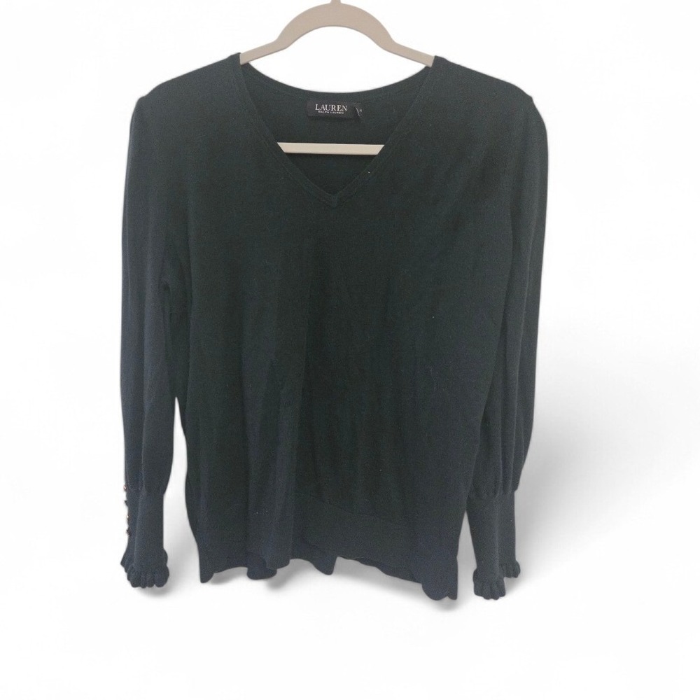 Lauren Ralph Lauren Womens 1X Hunter Green V-Neck Puff‎ Button Cuff Sweater